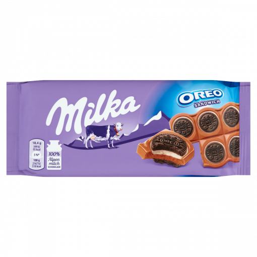 Milka Oreo Sandwich kakaós kekszek vaníliaízű, tejes krémtöltelékkel alpesi tejcsokoládén 92 g