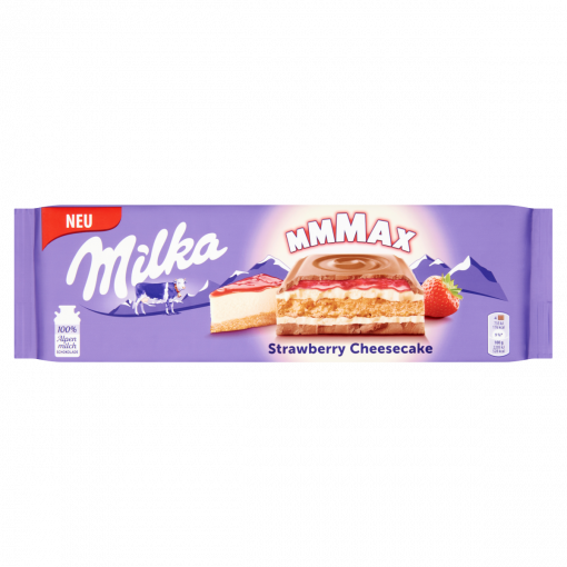 Milka alpesi tejcsokoládé sajttortaízű krémtöltelékkel, epres töltelékkel és keksszel 300 g