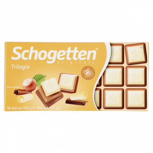 Schogetten Trilogia fehér csokoládé karamellizált mogyoróval, tejcsokoládén 100 g
