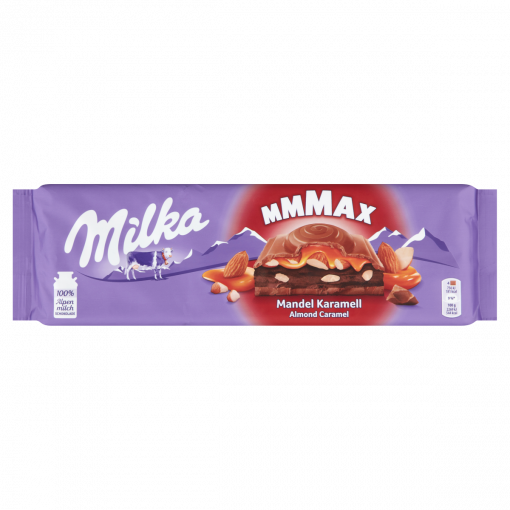 Milka Mmmax alpesi tejcsokoládé mandulás-kakaós krémtöltelékkel és karamell töltelékkel 300 g