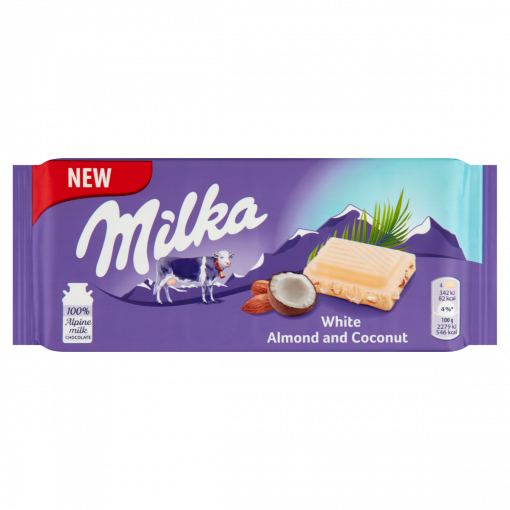 Milka kókuszos fehércsokoládé manduladarabokkal 90 g