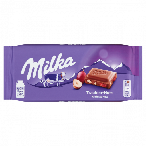 Milka alpesi tejcsokoládé mazsolával és mogyoródarabokkal 100 g