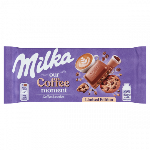 Milka alpesi tejcsokoládé kávéízű krémtöltelékkel és csokoládédarabos kekszdarabokkal 100 g