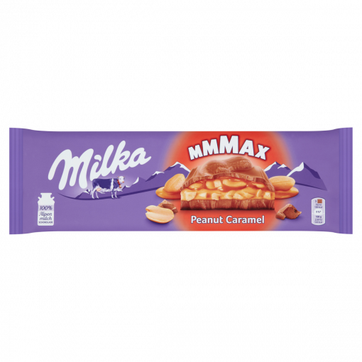 Milka Mmmax földimogyorós-karamellás alpesi tejcsokoládé földimogyoró darabokkal és rizzsel 276 g