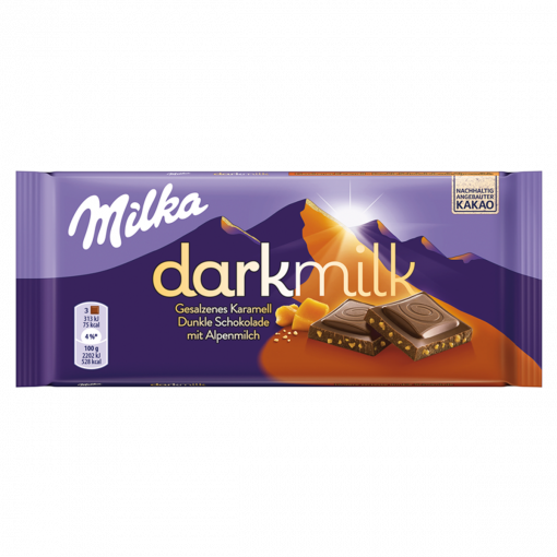 Milka Darkmilk alpesi tej felhasználásával készült csokoládé sózott karamelldarabokkal 85 g