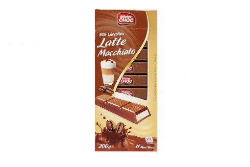 Mister Choc Latte Macchiato tejcsokoládé 10% kávés és 40% tejes krémmel töltve, egyenként csomagolva, 11 db.