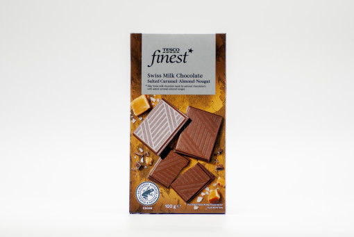 Tesco finest Swiss Milk Chocolate Salted Caramel-Almond-Nougat 100g