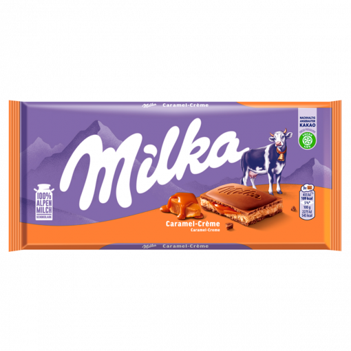 Milka alpesi tejcsokoládé karamellízű tejes krémtöltelékkel és karamellás töltelékkel 100 g