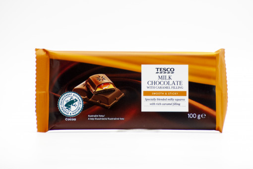 Tesco milk chocolate with caramel filling smooth & sticky 100g