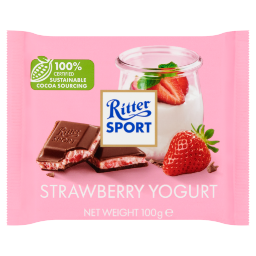 Ritter Sport epres, sovány joghurtoskrémmel és eperdarabokkal töltött tejcsokoládé 100 g