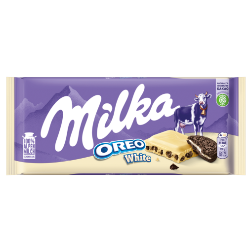Milka Oreo White fehér csokoládé vaníliaízű, tejes krémtöltelékkel és kakaós kekszdarabokkal 100 g