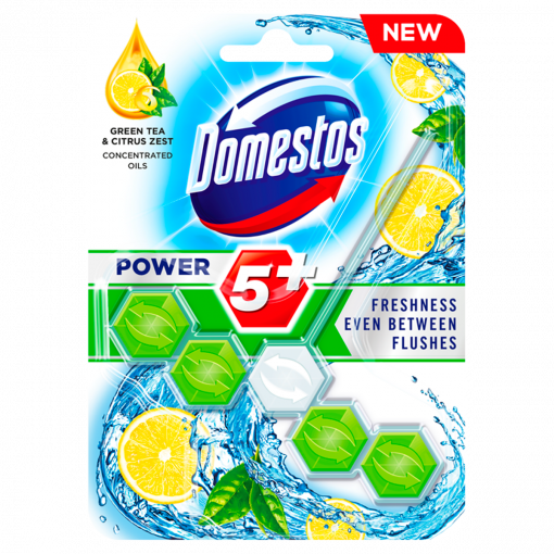 DOMESTOS Power5+ WC frissítő blokk Zöld tea & Citrus 55 g (Toilet Block Lemon)
