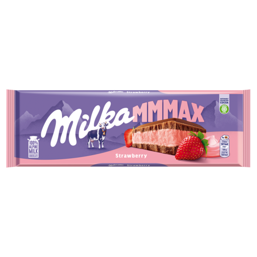 Milka Mmmax alpesi tej felhasználásával készült tejcsokoládé eperízű töltelékkel 300 g