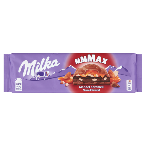 Milka Mmmax alpesi tejcsokoládé mandulás-kakaós krémtöltelékkel és karamell töltelékkel 300 g