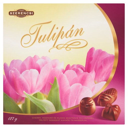 Szerencsi Tulipán cherry-mogyoró-rumos gesztenye ízű krémmel töltött desszert kakaós masszával 127 g