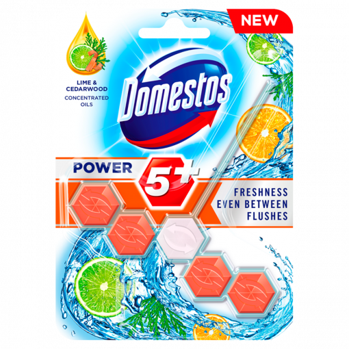 DOMESTOS Power5+ WC frissítő blokk Lime & Cédrus 55 g (Toilet Block Lime & Cedar)
