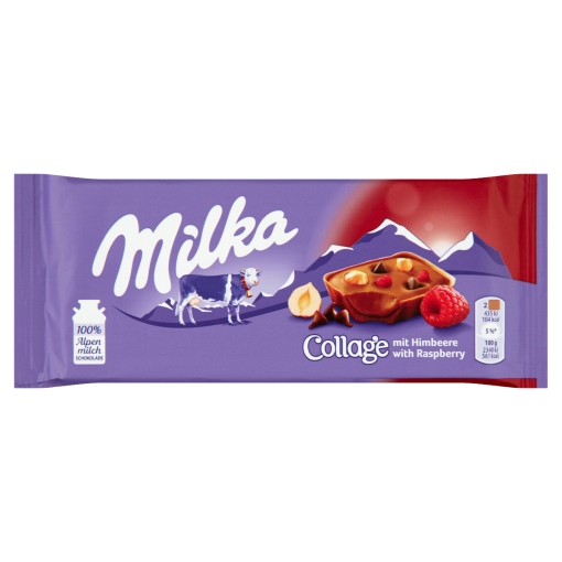 Milka Collage desszert kakaós krémmel, alpesi csokoládéval, mogyoródarabokkal és málnával 93 g