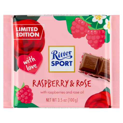 Ritter Sport tejcsokoládé málnás joghurtos töltelékkel, málna granulátummal és rózsa olajjal 100 g