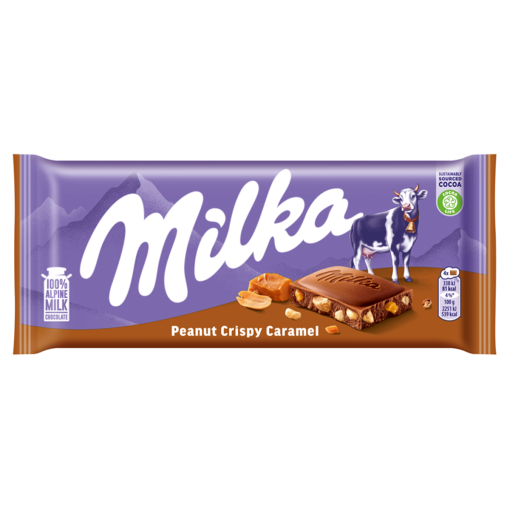 Milka alpesi tejcsokoládé földimogyoróval, karamellízű darabokkal és ropogós gabonával 90 g