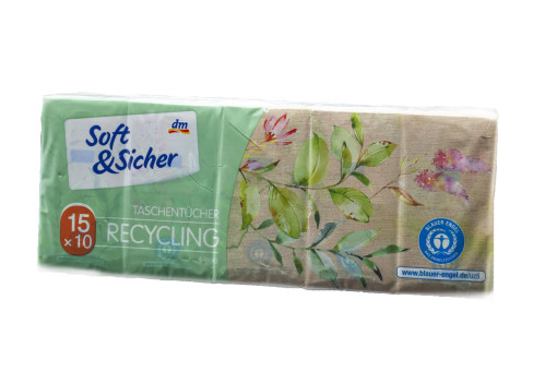 Soft & Sicher papír zsebkendő újrahasznosított 4 rétegű, 15×10 db/csomag