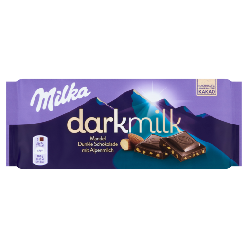 Milka Darkmilk alpesi tej felhasználásával készült csokoládé manduladarabokkal 85 g