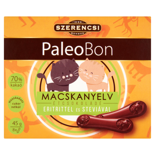 Szerencsi PaleoBon Macskanyelv étcsokoládé eritrittel és steviával 8 db 45 g