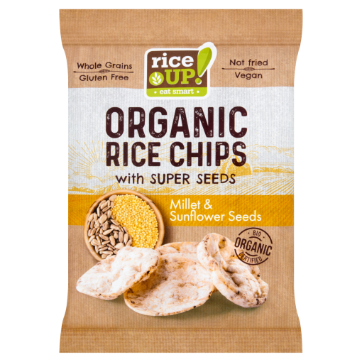 RiceUp! Eat Smart BIO teljes kiőrlésű barna rizs chips kölessel és napraforgómaggal 25 g