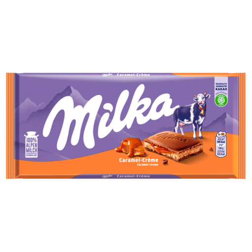 Milka alpesi tejcsokoládé karamellízű tejes krémtöltelékkel és karamellás töltelékkel 100 g