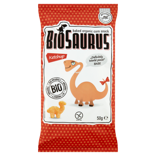 BioSaurus BIO ketchupos ízesítésű extrudált kukoricás snack 50 g