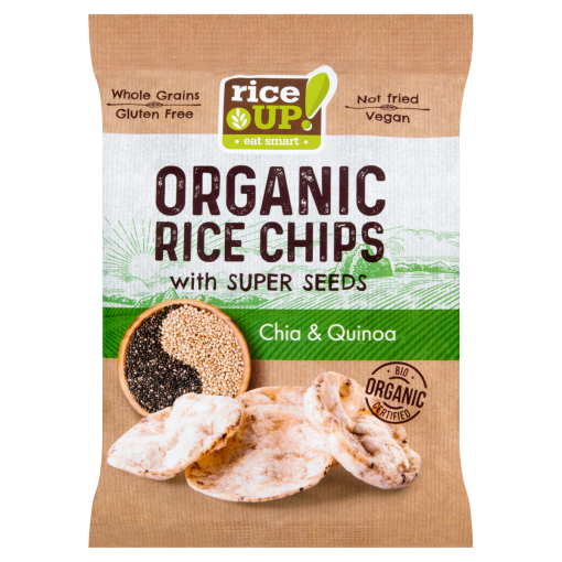 RiceUp! Eat Smart BIO teljes kiőrlésű barna rizs chips chia maggal és quinoával 25 g
