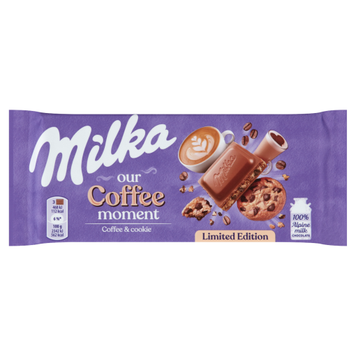 Milka alpesi tejcsokoládé kávéízű krémtöltelékkel és csokoládédarabos kekszdarabokkal 100 g