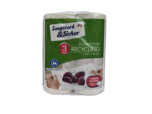 Saugstark & Sicher konyhai törlő újrahasznosított papírból, 3 rétegű, 2 tekercs, 140 lap