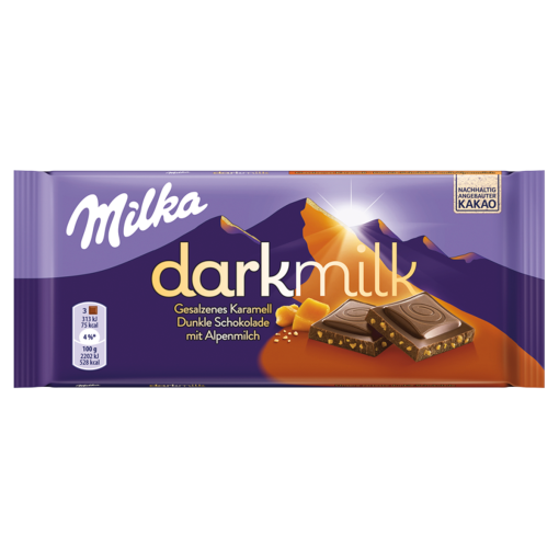 Milka Darkmilk alpesi tej felhasználásával készült csokoládé sózott karamelldarabokkal 85 g